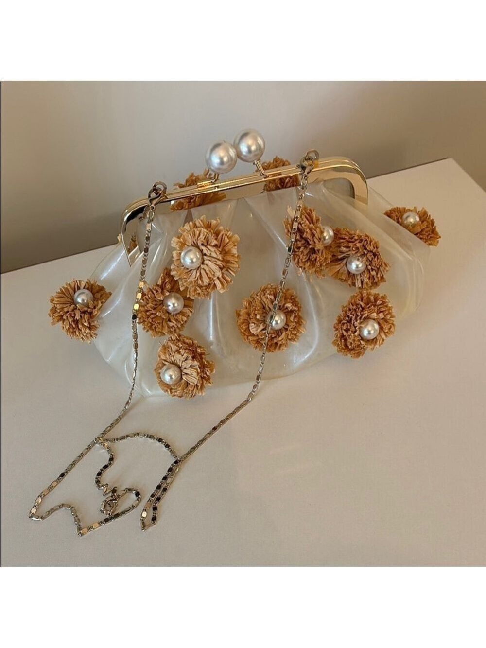 ZARA raffia Floral Pearl-Embellished Clutch semi sheer purse silver tone strap